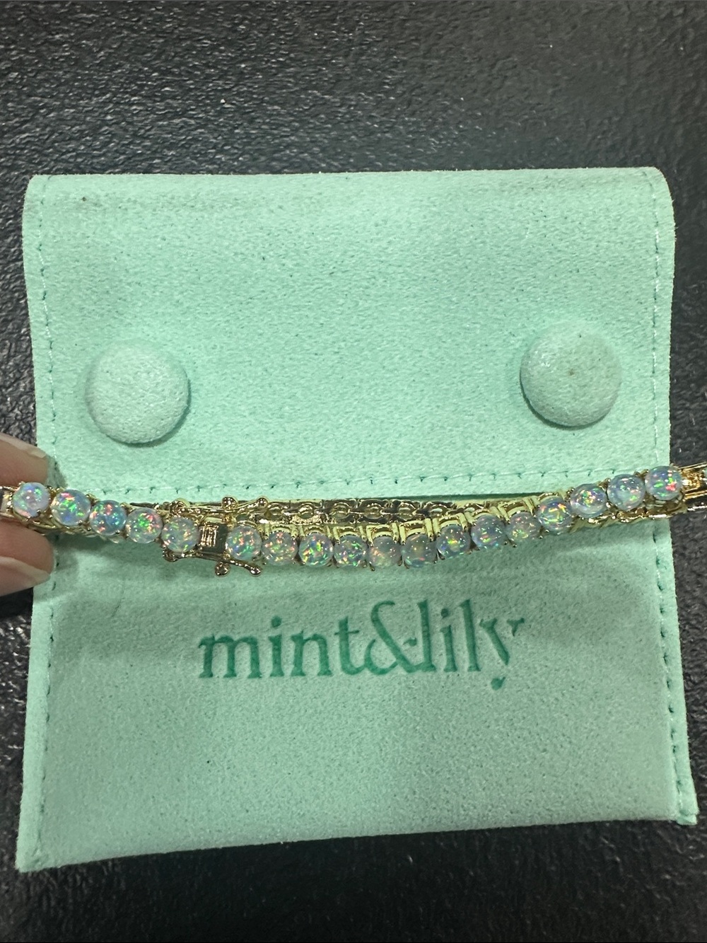mint&lily Gold Tennis Bracelet with Opalescent Stones in Mint
